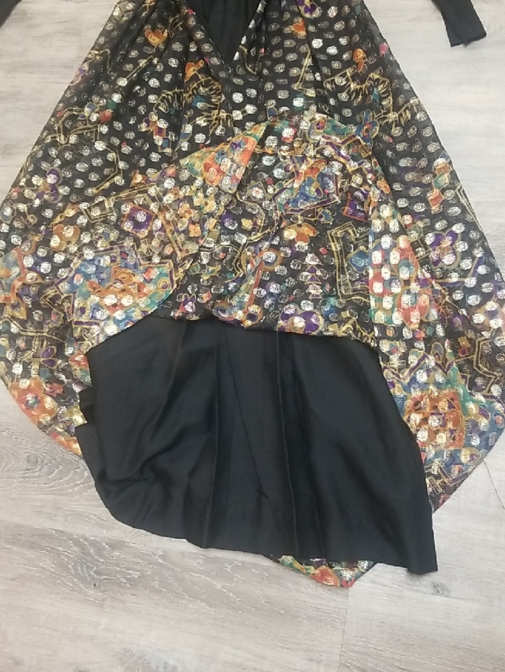 Black Long Sleeve Maxi Dress with Multicolor Metallic Brocade Skirt - Picture 10 of 10